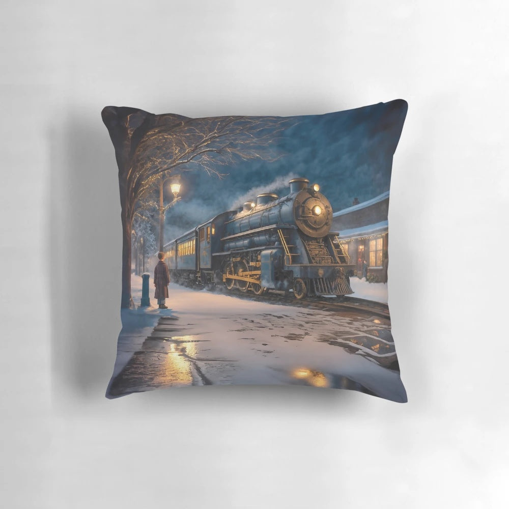 Plush Polar Express-themed pillow with snowy landscape, Santa's castle, and shimmering bokeh effects