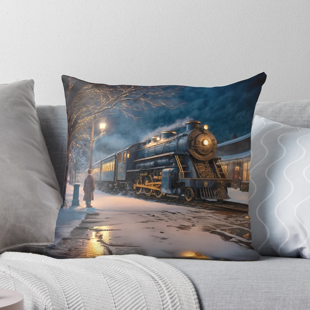 Plush Polar Express-themed pillow with snowy landscape, Santa's castle, and shimmering bokeh effects