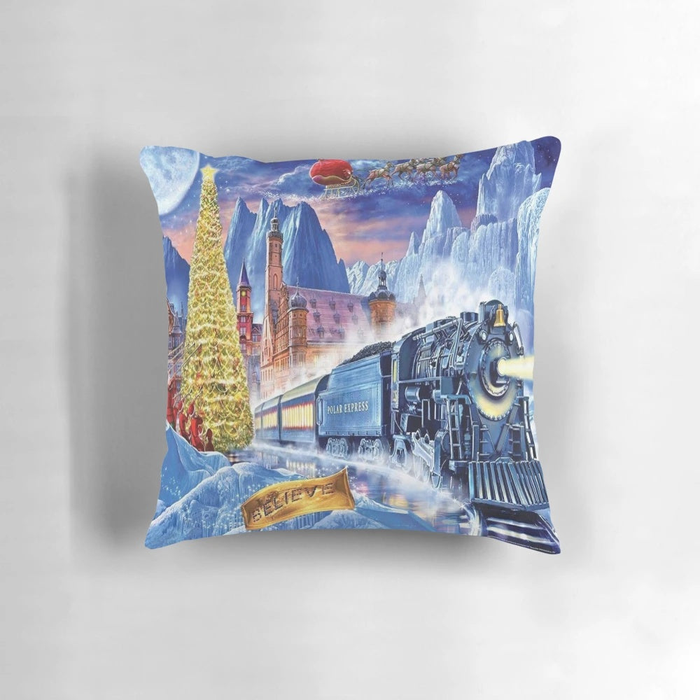 Polar Express-themed Christmas pillow with a train design for holiday home decoration