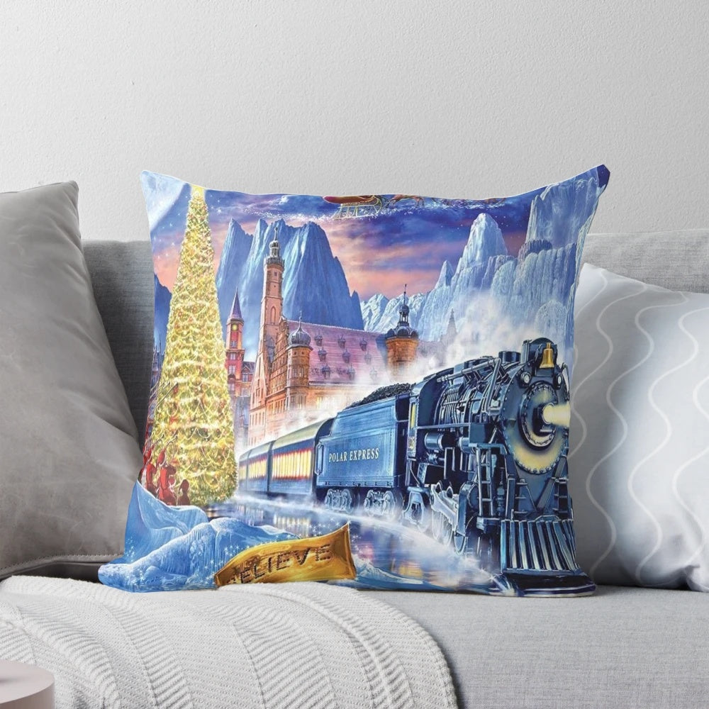 Polar Express-themed Christmas pillow with a train design for holiday home decoration