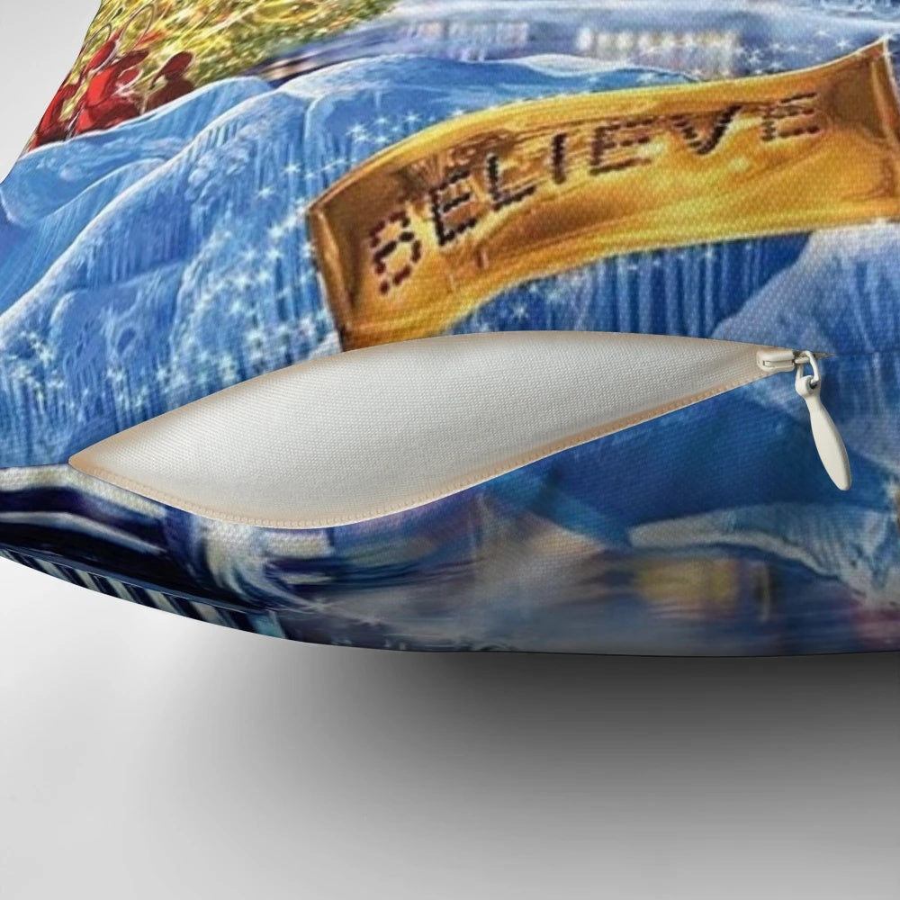 Polar Express-themed Christmas pillow with a train design for holiday home decoration