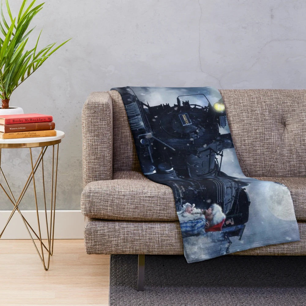 Polar Express inspired plush blanket with train and winter scene design