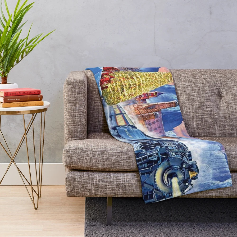Polar Express-themed plush blanket with a cozy holiday train design