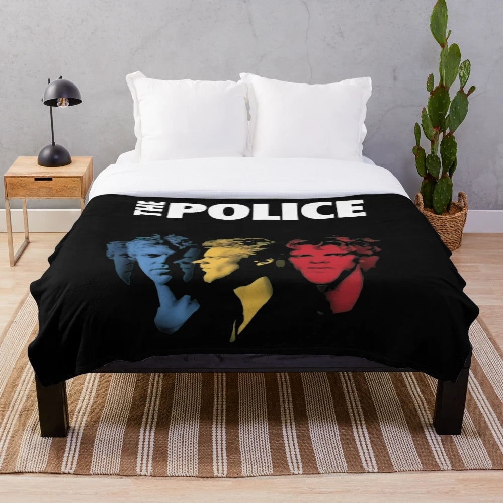 Police-themed plush blanket with a vintage film style