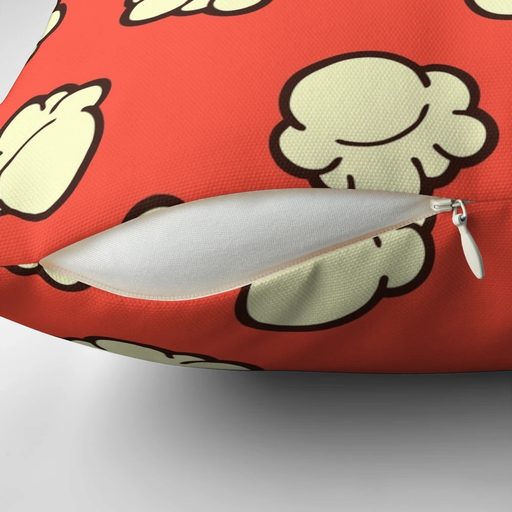 Handdrawn popcorn pattern design on a soft, textured pillow perfect for home decor and movie nights.
