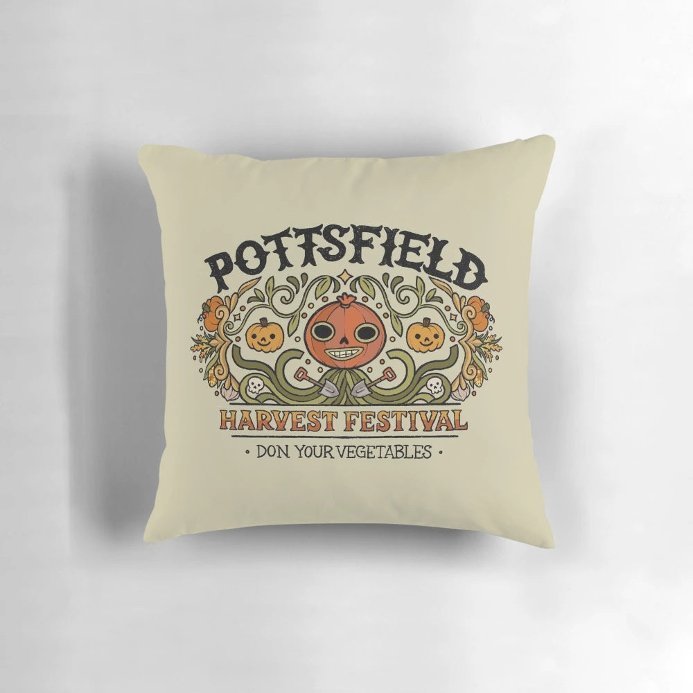 Decorative throw pillow featuring a pumpkin design inspired by the Cartoon Network series "Over the Garden Wall"