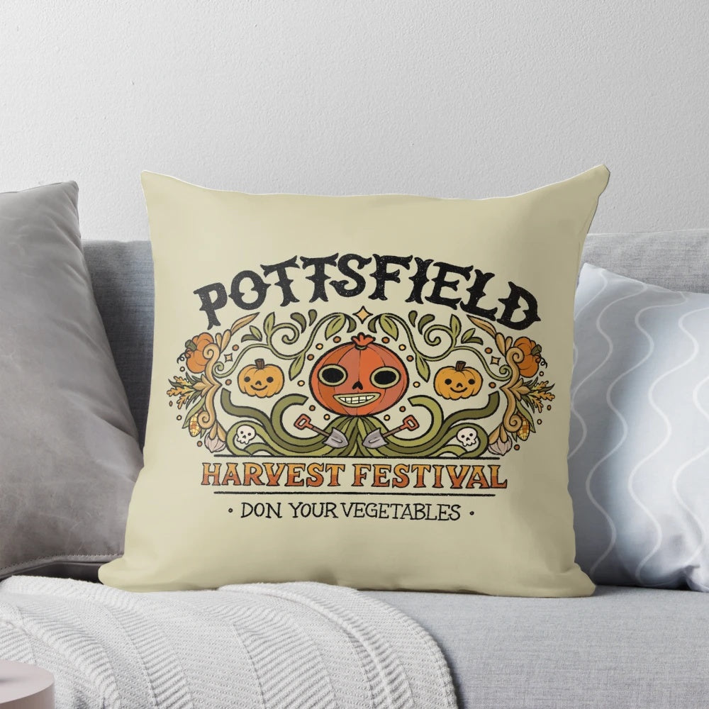 Decorative throw pillow featuring a pumpkin design inspired by the Cartoon Network series "Over the Garden Wall"
