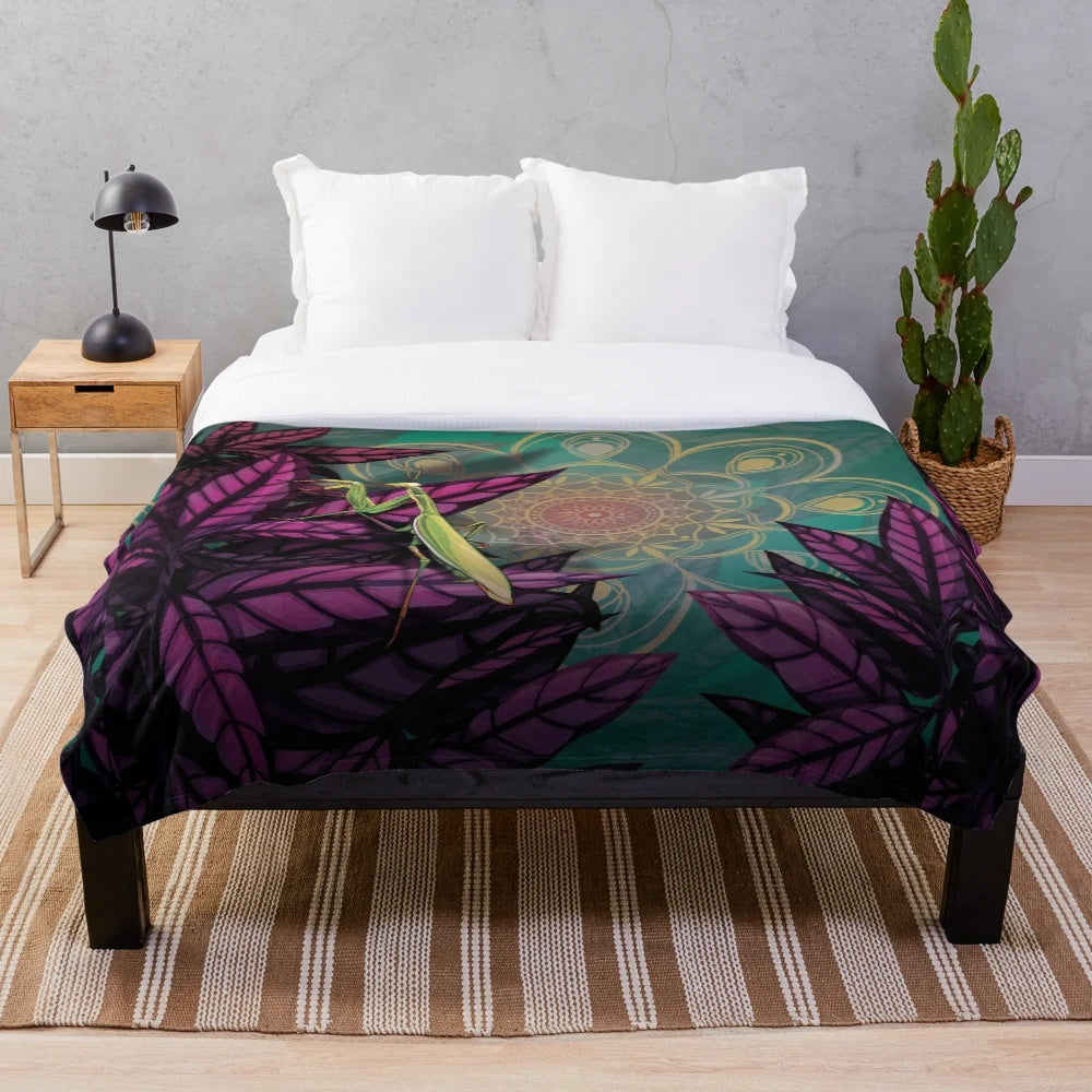 Praying mantis plush blanket with nature-inspired mandala design