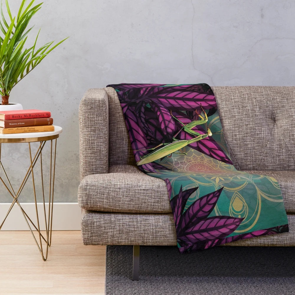 Praying mantis plush blanket with nature-inspired mandala design