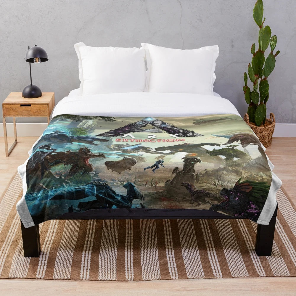 Ark video game inspired plush blanket featuring prehistoric animals