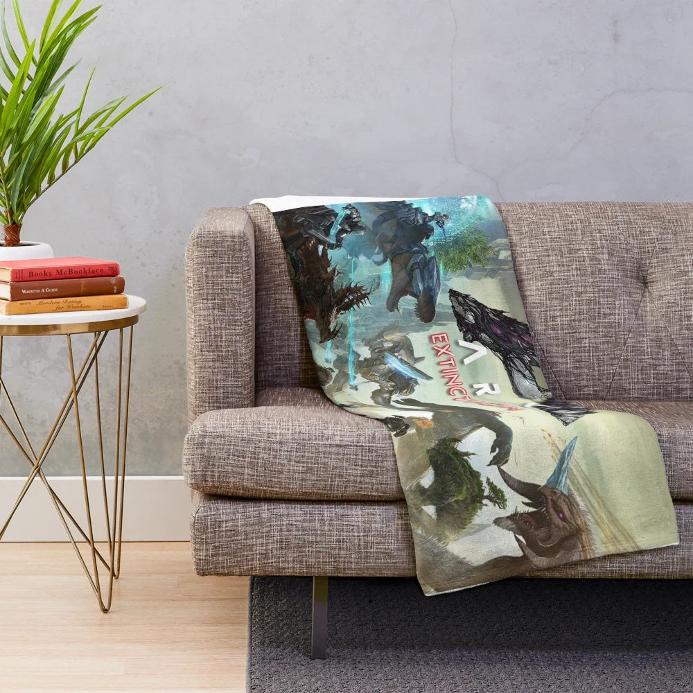Ark video game inspired plush blanket featuring prehistoric animals