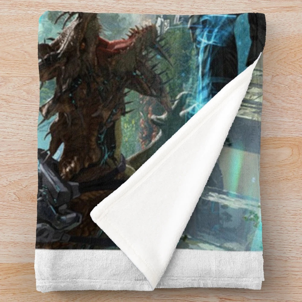 Ark video game inspired plush blanket featuring prehistoric animals