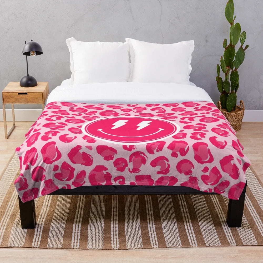 Preppy aesthetic plush blanket with pink leopard print and smile design