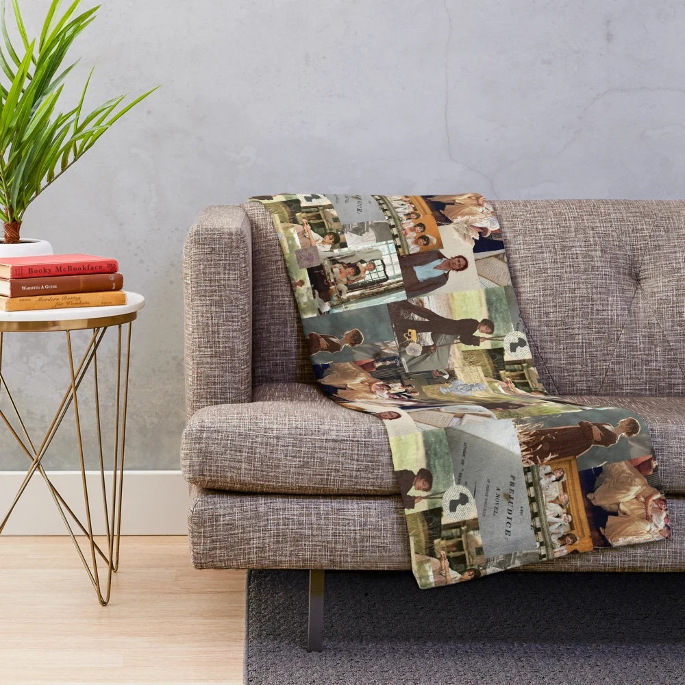 Pride and Prejudice themed plush blanket featuring collage design
