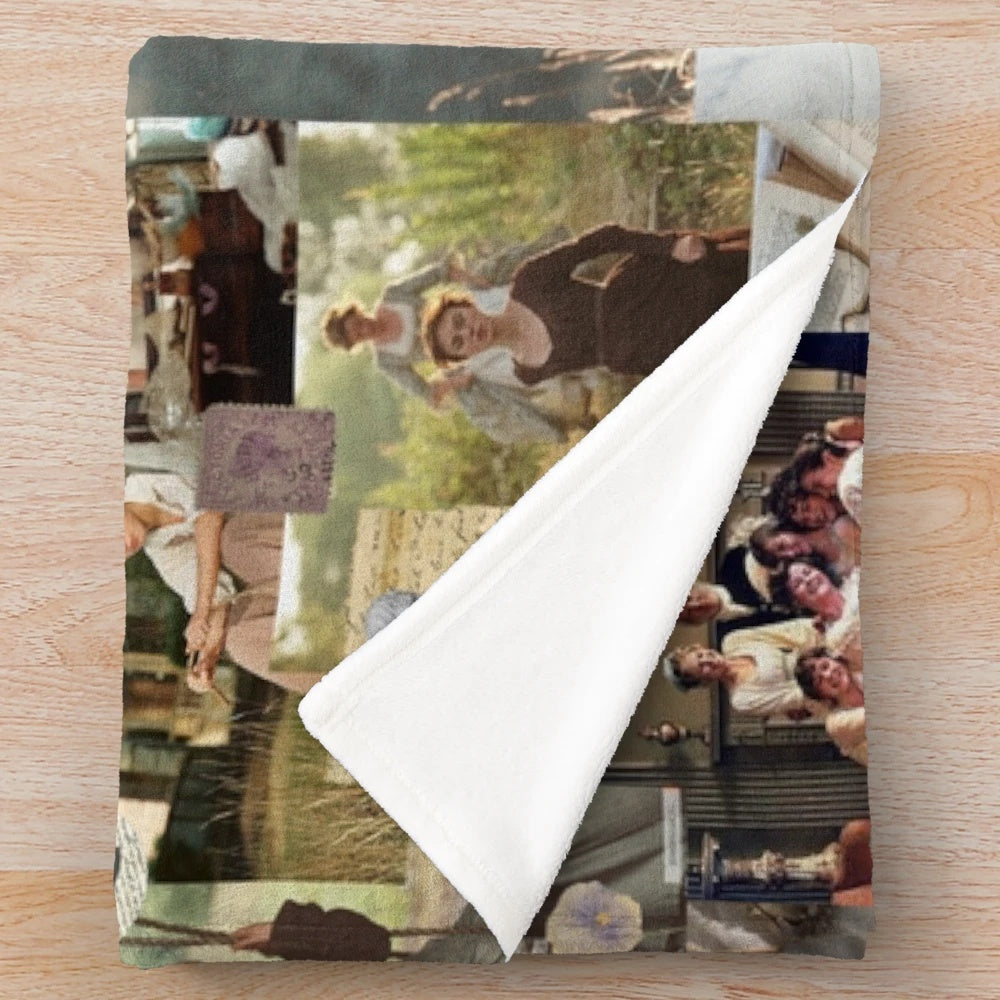 Pride and Prejudice themed plush blanket featuring collage design