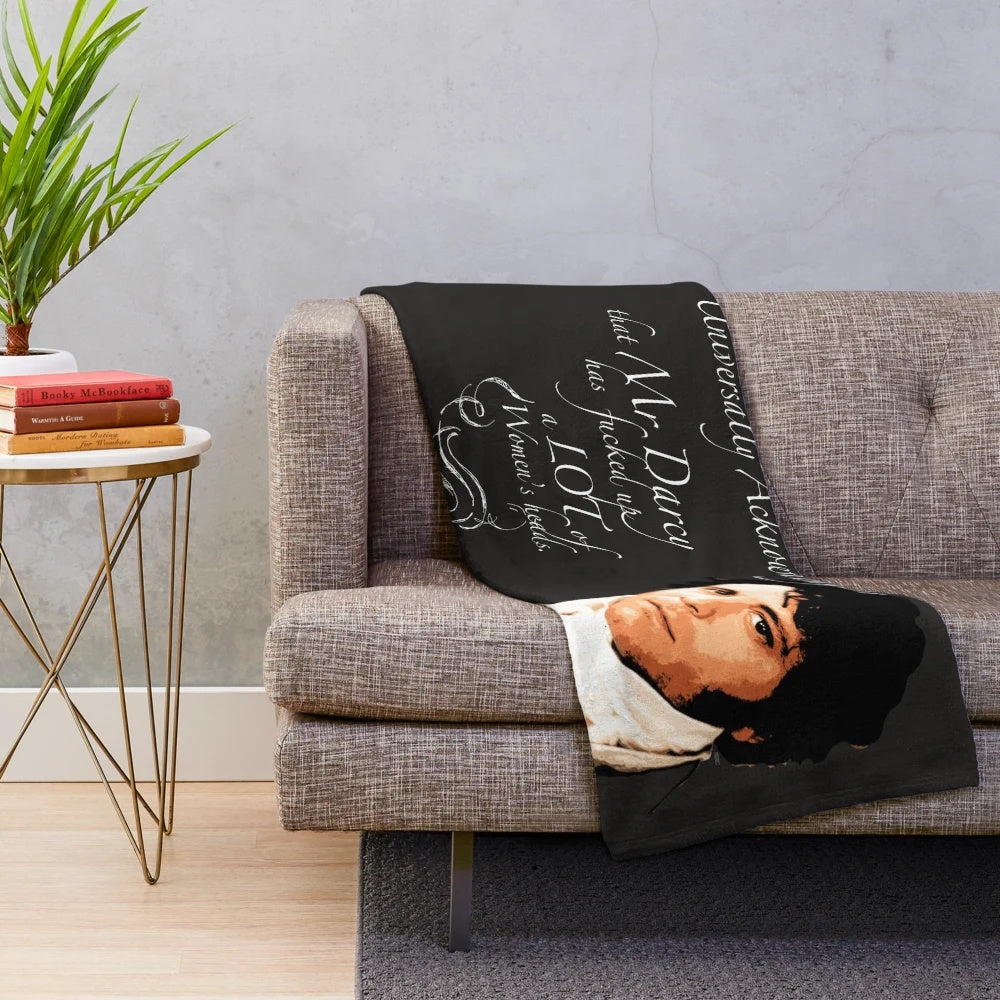Pride and Prejudice themed plush blanket featuring a Mr. Darcy quote