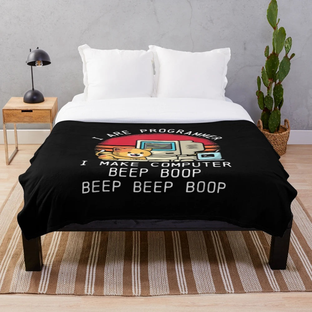 Cozy plush blanket featuring a funny programmer cat design
