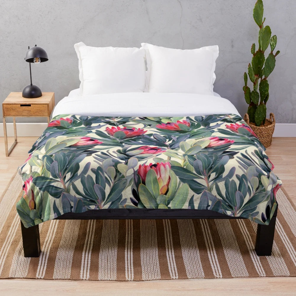 Protea pattern plush blanket with botanical floral design