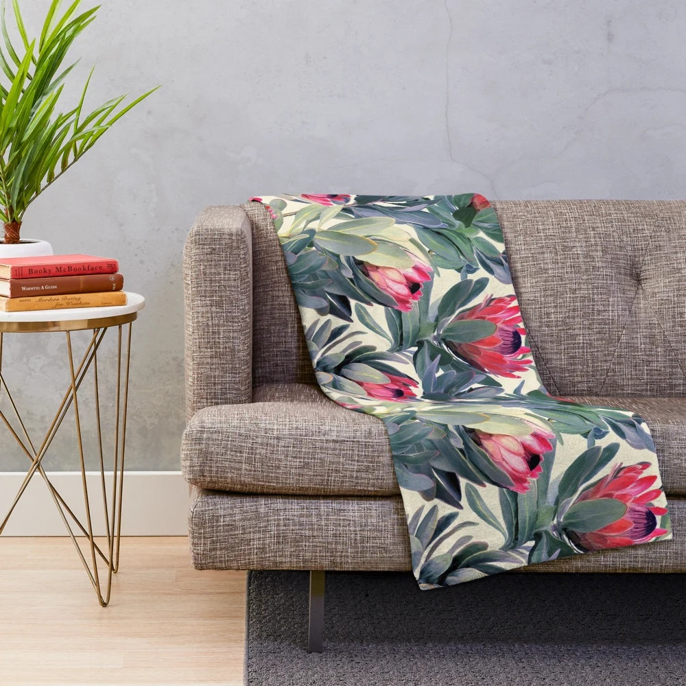 Protea pattern plush blanket with botanical floral design