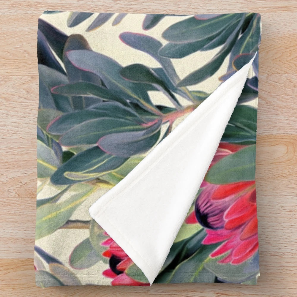 Protea pattern plush blanket with botanical floral design