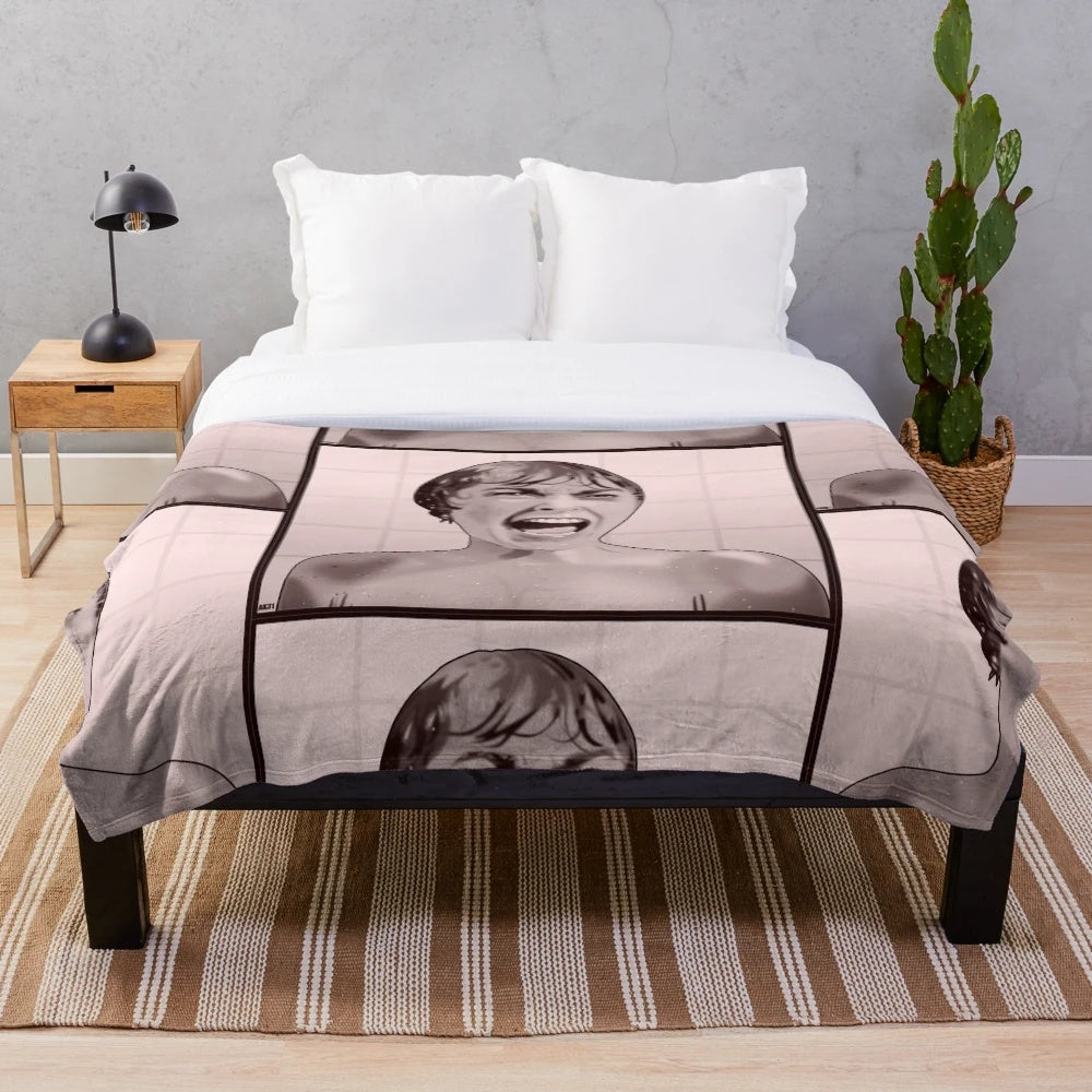 Psychosis plush blanket featuring classic horror and suspense cinema imagery