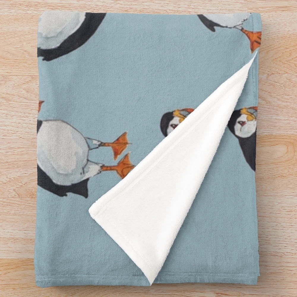 Puffin plush blanket with watercolor and pen and ink artwork