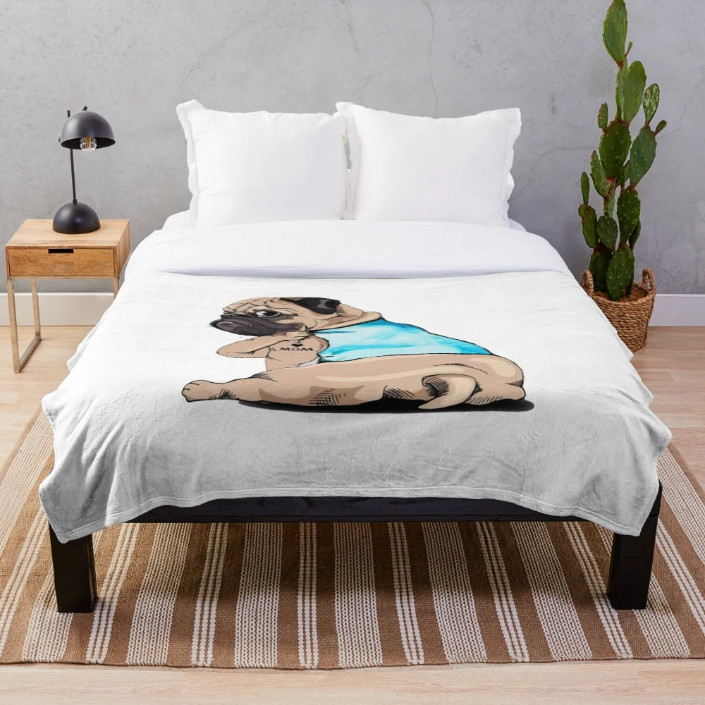Pug dog plush blanket with mom tattoo design