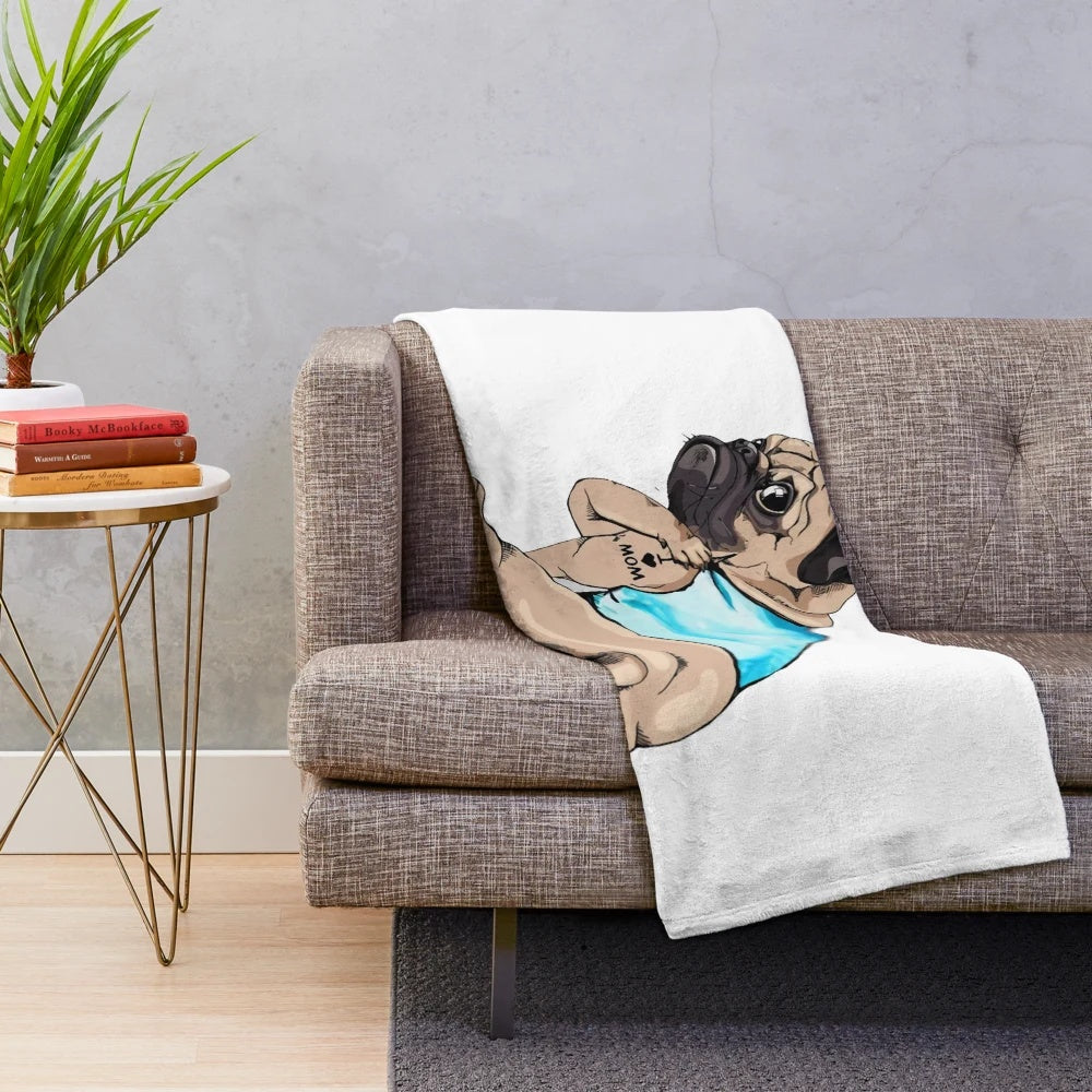 Pug dog plush blanket with mom tattoo design