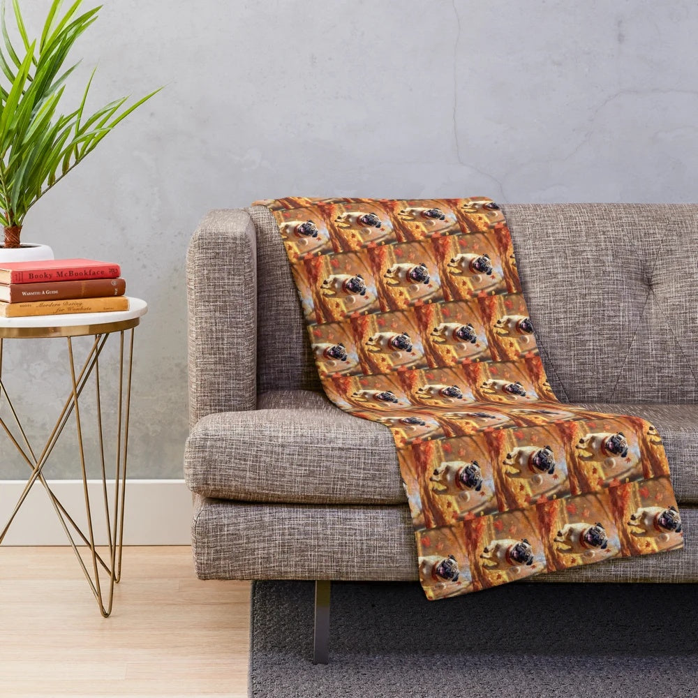 A soft, plush blanket featuring an adorable pug amid autumn leaves