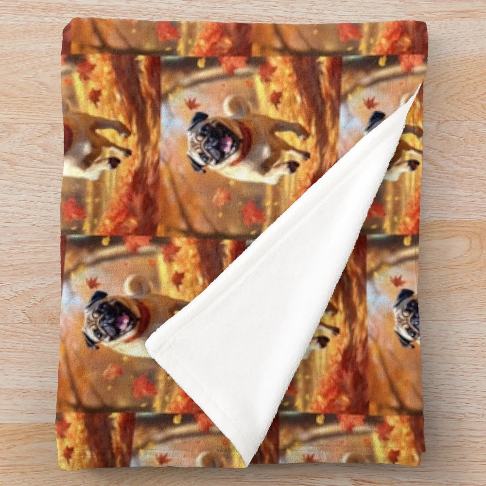 A soft, plush blanket featuring an adorable pug amid autumn leaves