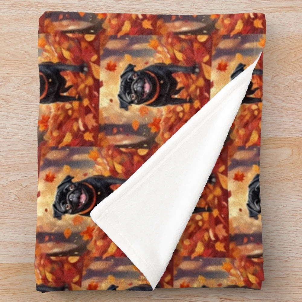 Black plush blanket with pug and fall leaves design
