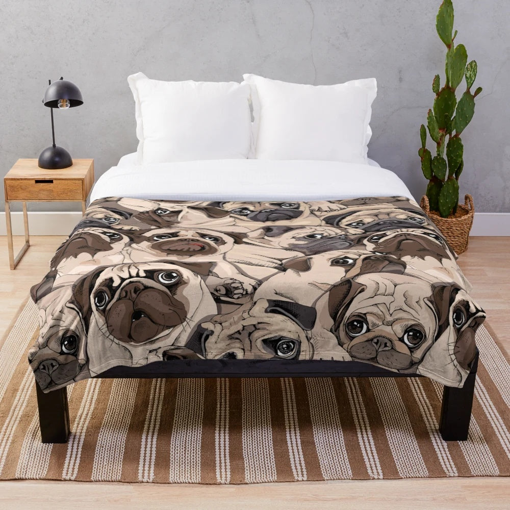 Cozy pug plush blanket featuring a seamless pattern design of adorable pugs.