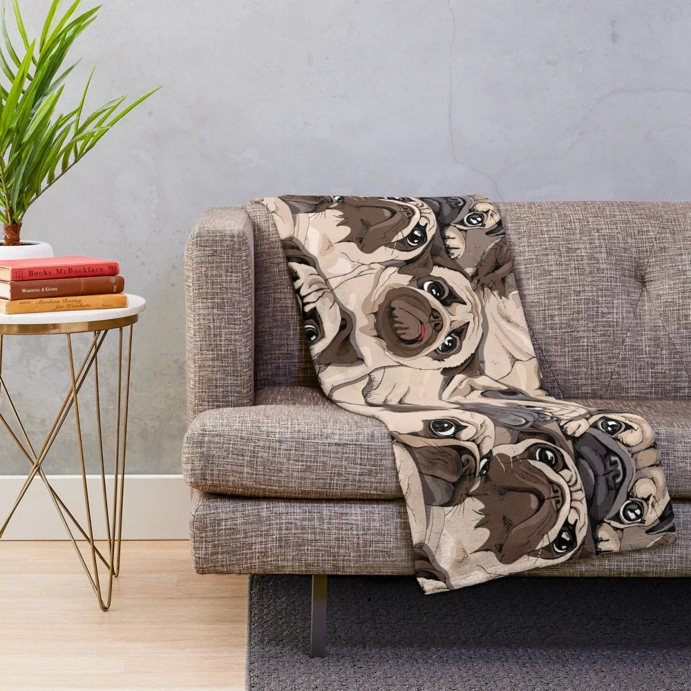 Cozy pug plush blanket featuring a seamless pattern design of adorable pugs.