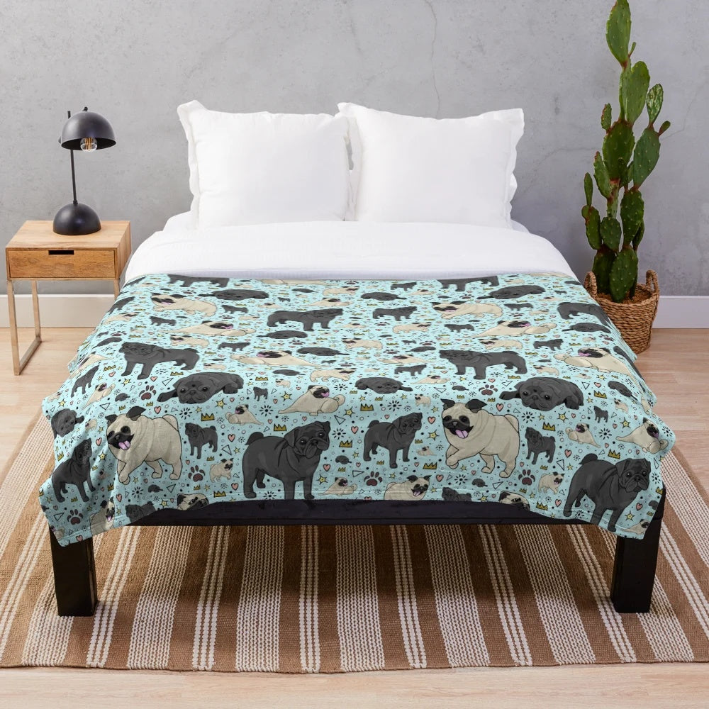 Pug themed plush blanket in blue color