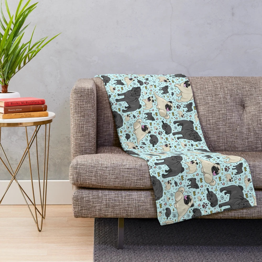 Pug themed plush blanket in blue color