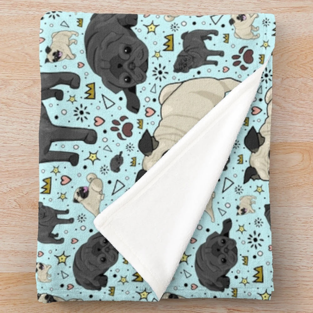 Pug themed plush blanket in blue color