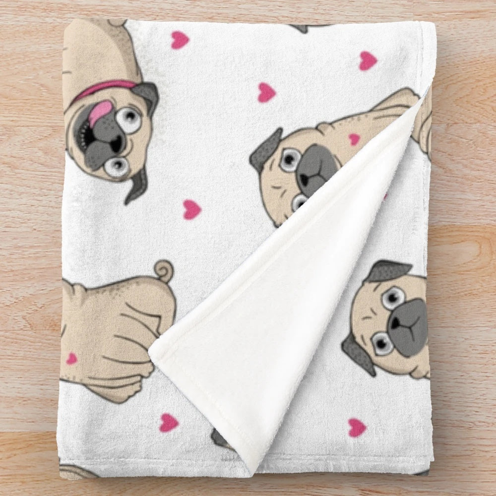 Plush blanket with a seamless pattern of cute pugs