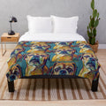 Cute puggle puppy snuggled up on a blue plush blanket