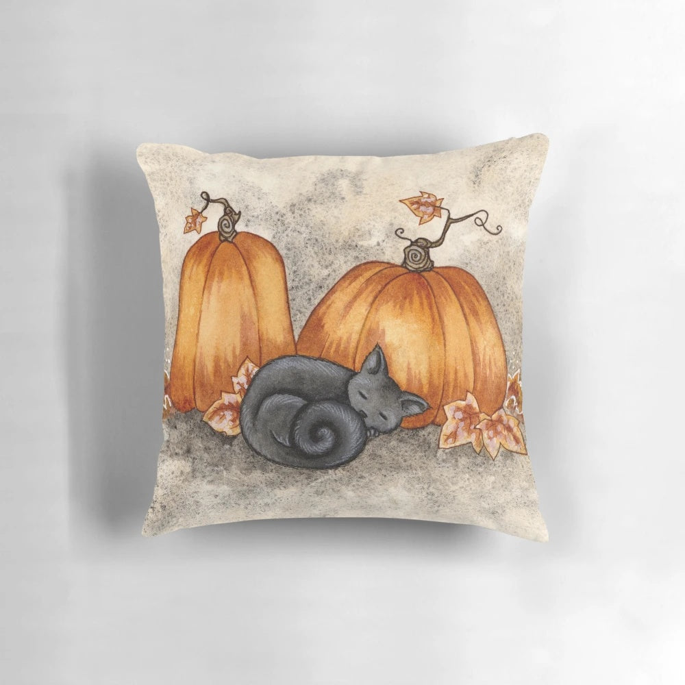 Pumpkin and black cat decorative pillow for fall