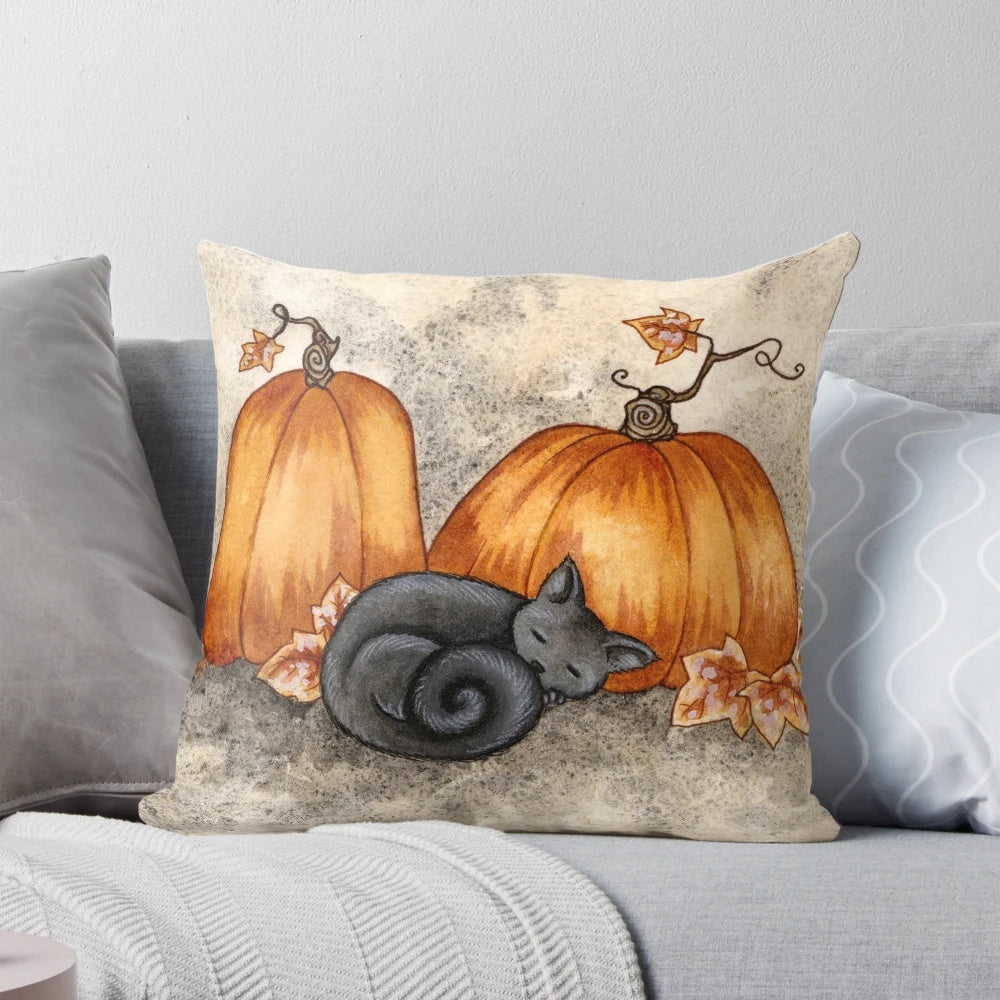 Pumpkin and black cat decorative pillow for fall
