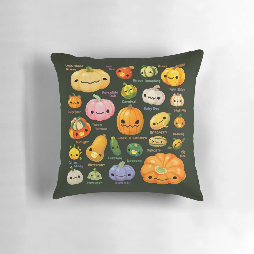 Pumpkin and squash-themed decorative pillow with a dark, earthy color palette, perfect for autumn and Halloween home decor.