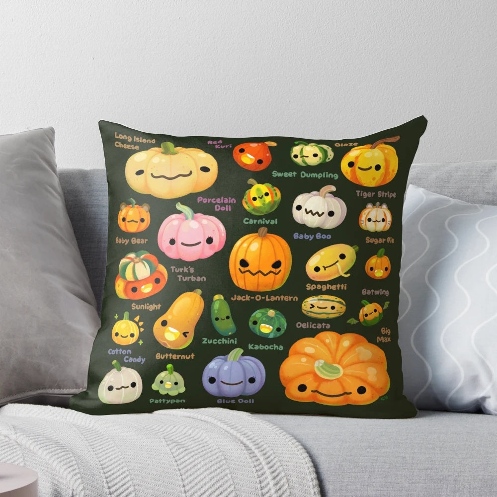 Pumpkin and squash-themed decorative pillow with a dark, earthy color palette, perfect for autumn and Halloween home decor.