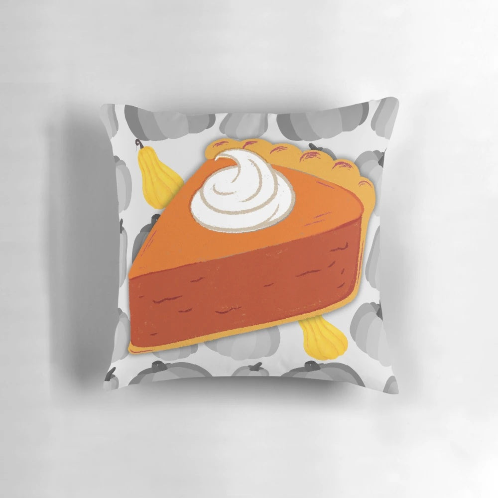 Pumpkin pie-themed grey throw pillow with autumn pattern