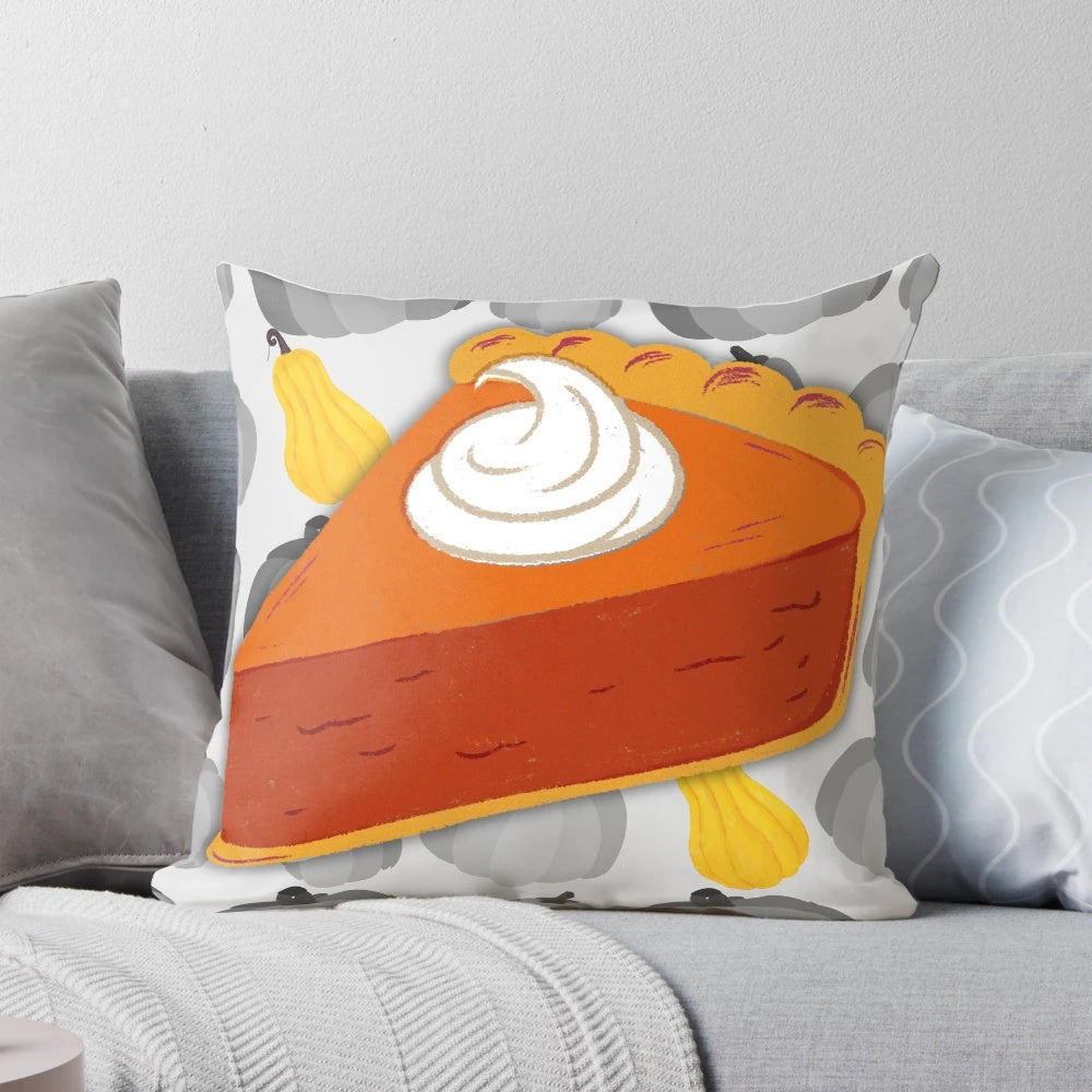 Pumpkin pie-themed grey throw pillow with autumn pattern