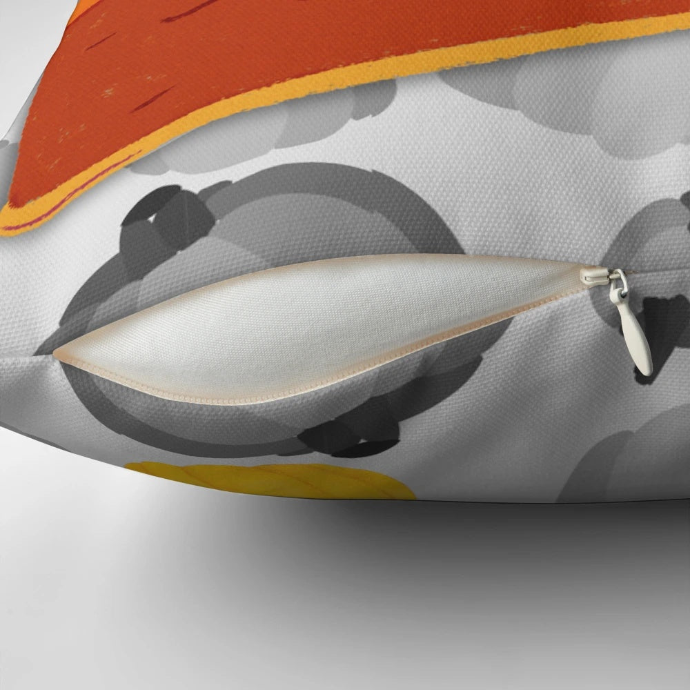 Pumpkin pie-themed grey throw pillow with autumn pattern