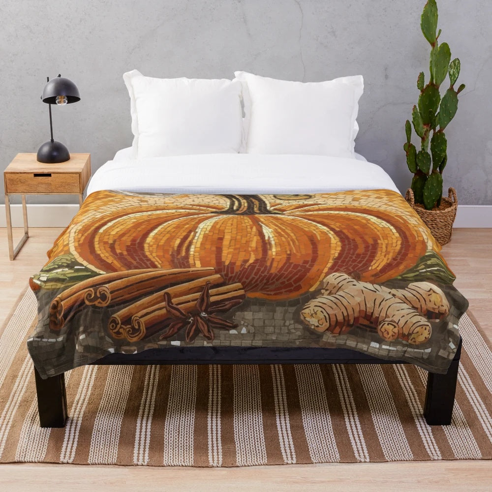 Pumpkin themed plush blanket with autumn leaves