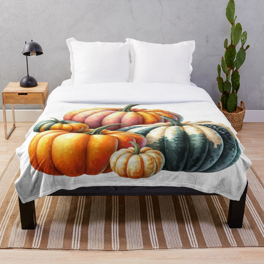 Pumpkin-themed plush blanket with fall leaves and cozy autumn vibes