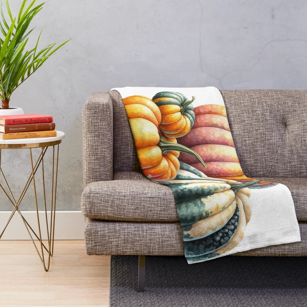 Pumpkin-themed plush blanket with fall leaves and cozy autumn vibes