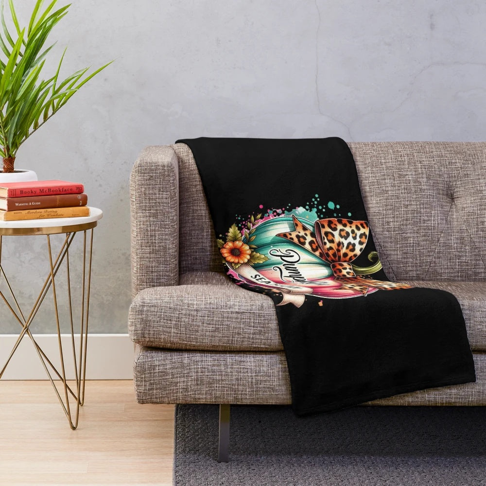Retro pumpkin print plush blanket with fall season aesthetic