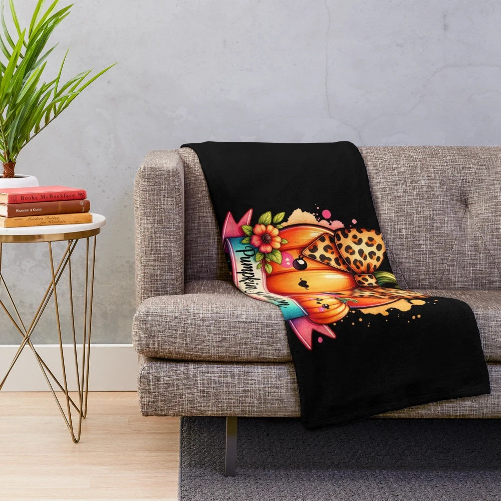 Cozy pumpkin season plush blanket with whimsical autumn art